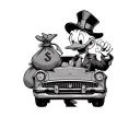 scrooge mcduck with money bag and modern car surrounded tattoo design idea