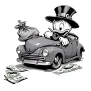 scrooge mcduck with money bag and modern car surrounded tattoo design idea