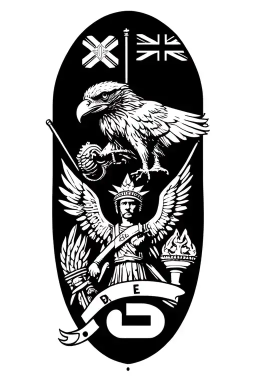 A design featuring the following images: wedge tail eagle; Roman warrior; eureka and Australian flags; liberty torch tattoo design idea