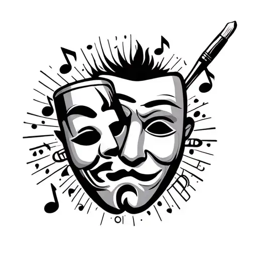 happy and sad theater mask, music notes, paint brush, and symbols related to science tattoo design idea