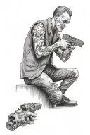 lonely man with a gun thinking about life and death tattoo design idea
