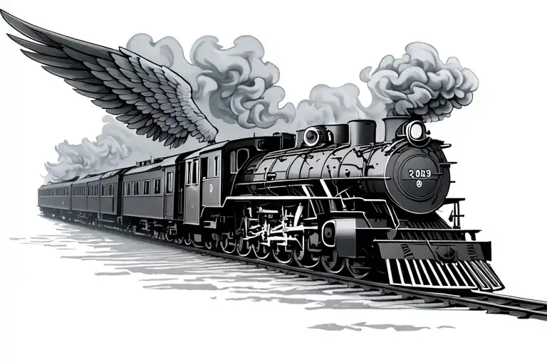 memorial train tattoo with the fat August 9th 2025 in Roman numerals with the smoke as angel wings tattoo design idea