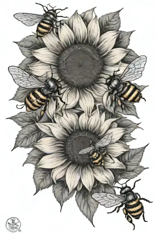 3 bees flying around a sunflower - on a forearm tattoo tattoo design idea