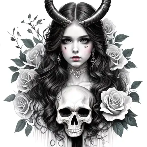 beautiful goth girl in medieval style with horn skull with roses with beautiful Gothic scenery  tattoo design idea