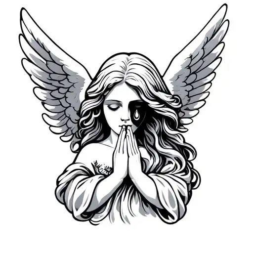 "forever grateful" angel praying with tear drop in eye tattoo design idea