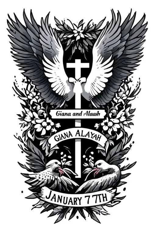 "Gianna and Alayah. January 7th" Cross with 2 doves. tattoo design idea