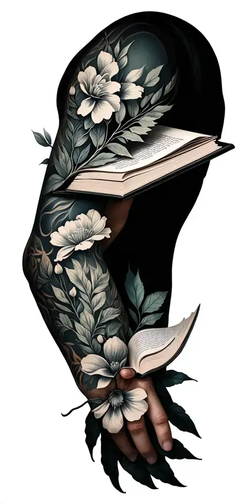 book that opens an closes when you move the elbow. making a full sleeve with different greenery an branches an flowering tattoo design idea