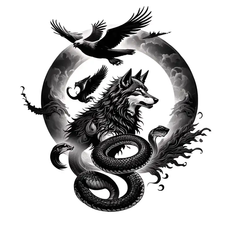 wolf with cobra to the side and a phoenix flying above with a somoan circle around it all tattoo design idea