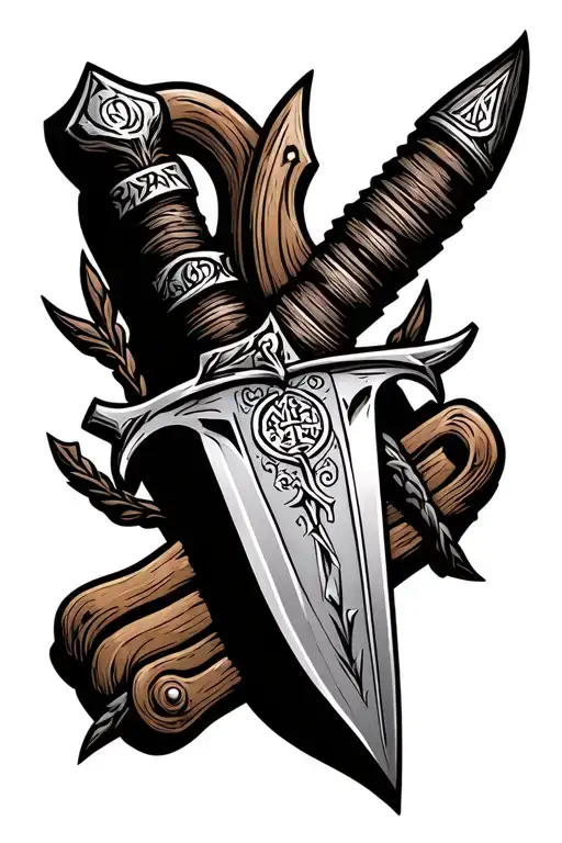 a viking knife with the viking runes of power,courage and strength on the blade tattoo design idea