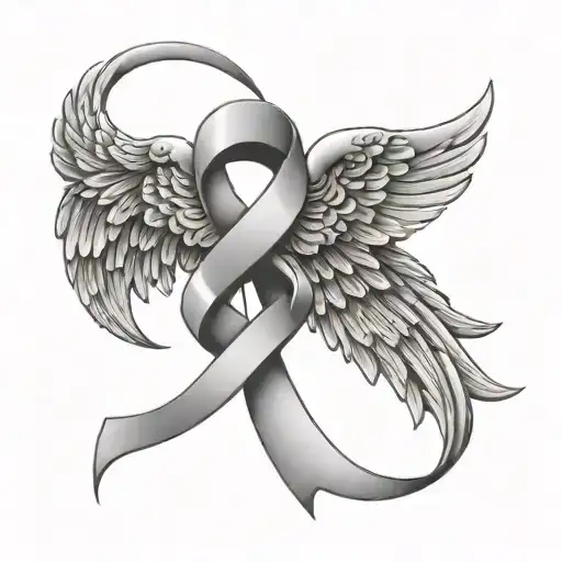  gray brain cancer ribbon with angel wing and  brain tattoo design idea