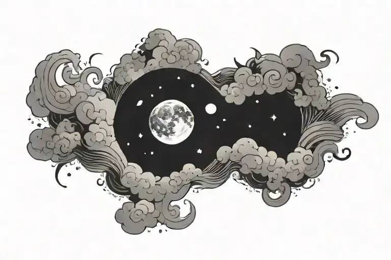 around bicep and tricep tattoo of a  cloudy night sky with only 2 four point stars and a moon tattoo design idea