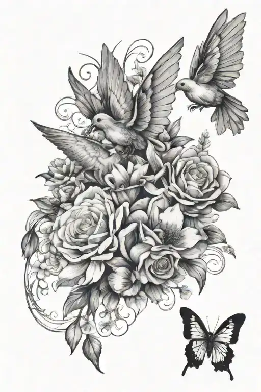 god, doves, may, june, july, and february birth flowers, dice, semi-colon butterfly LOWER ARM HALF SLEEVE tattoo design idea