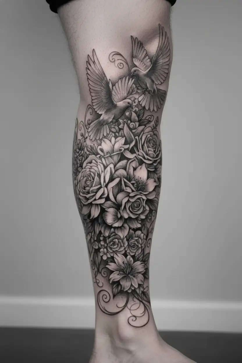 god, doves, may, june, july, and february birth flowers, dice, semi-colon butterfly LOWER ARM HALF SLEEVE tattoo design idea