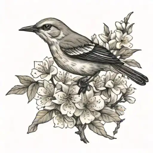 northern mockingbird with apple blossom branch tattoo design idea