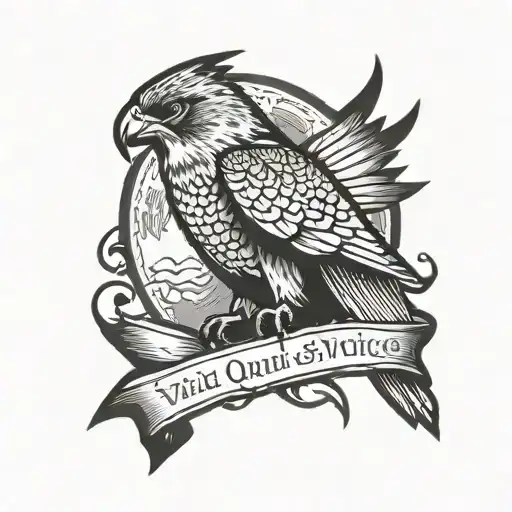 peregrine falcon swooping with "Vincit Qui se Vincit" text embedded tattoo design idea