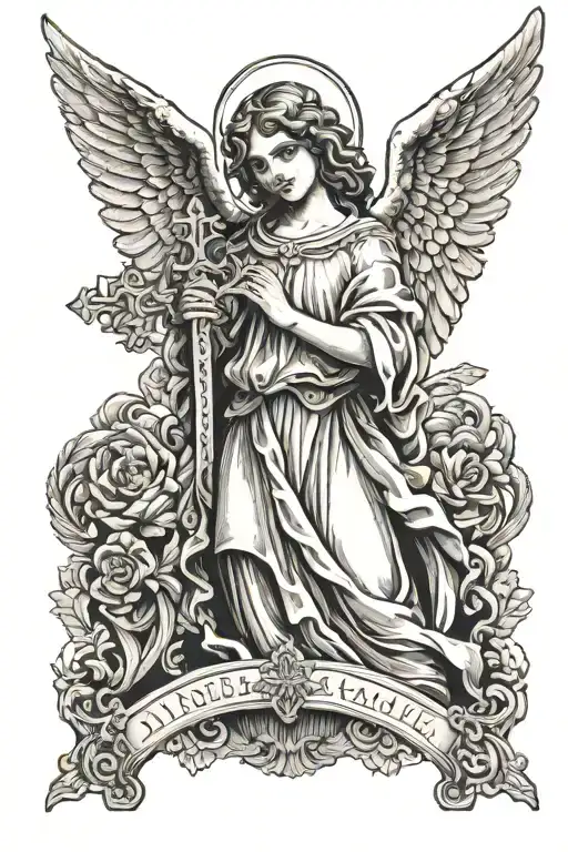 old-style angel holding a cross tattoo design idea