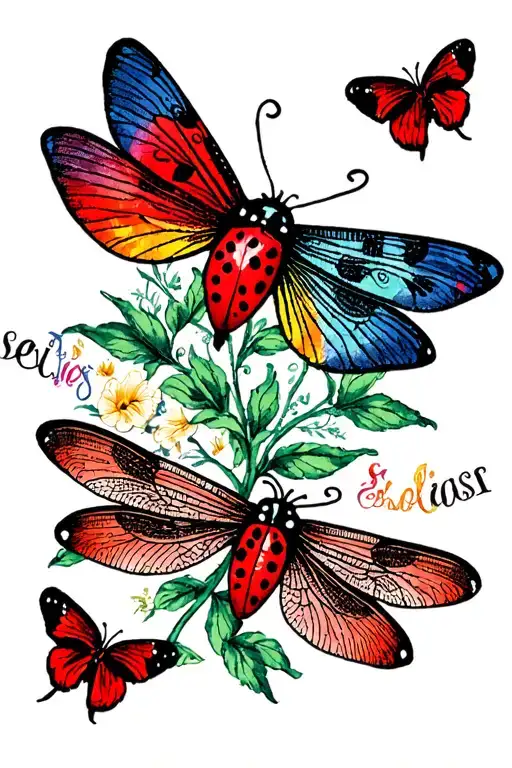 ladybug, dragonfly, butterfly totem pole inspired tattoo design idea