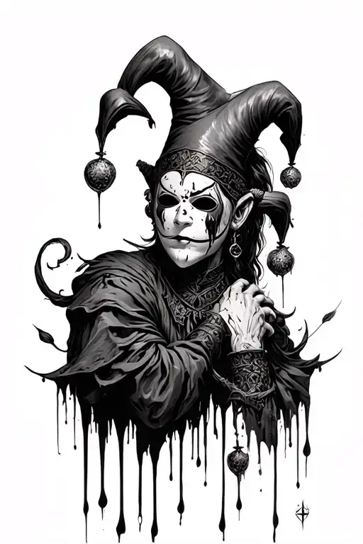 a full body maskedmedieval jester sleeve with dripping ink bloody and gothic detailed and intricate to fill a whole arm  tattoo design idea