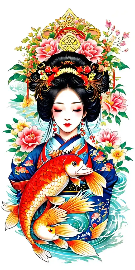 Japanese, dragon, geisha girl, koi carp Masonic symbols, bright colours, flowers, full colour tattoo design idea