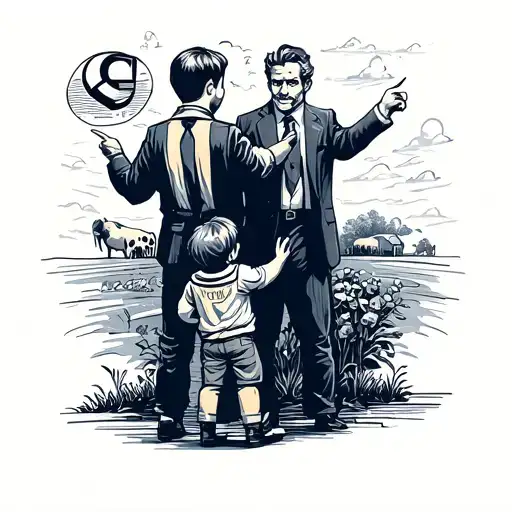 Child is in the foreground with a back and points to a funny farm fool, next to it is a businessman with a G tattoo design idea