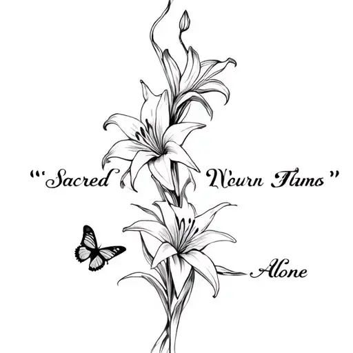 "Sacred Flames Never Burn Alone" 2 lily flowers with butterflies in vertical spine tattoo tattoo design idea