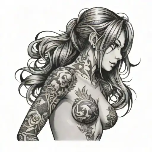 half naked anime girl from back looking to the side with ahegao face tattoo design idea
