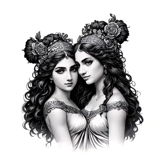 Greek god gemini women posing together looking straight tattoo design idea