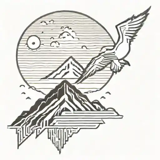 volcano bird and sunrise tattoo design idea