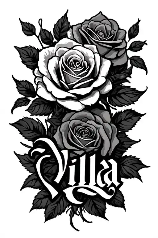 Villa last name with roses tattoo design idea