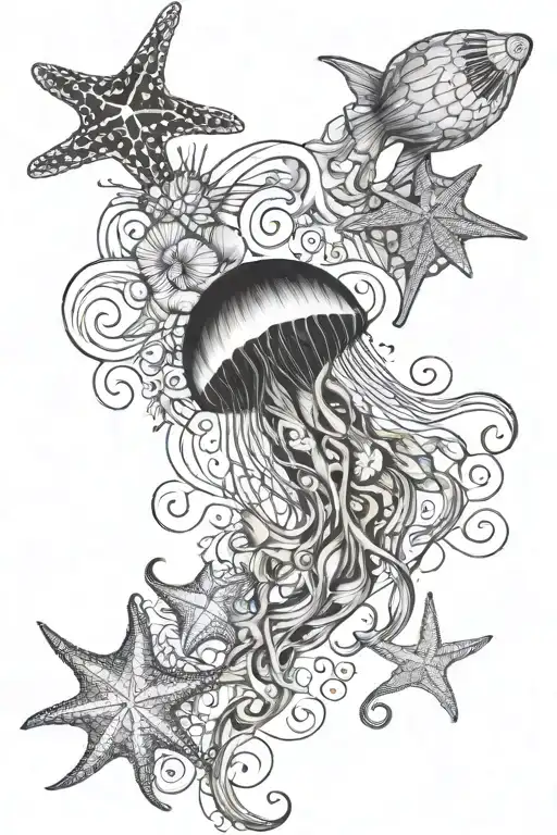 ocean theme on arm, medium size, slowly style with fine lines, a jellyfish, starfish, shells, and little designs around tattoo design idea
