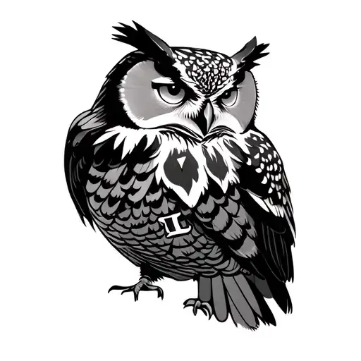 black and Grey Eurasian eagle owl with a wisdom rune on its belly tattoo design idea
