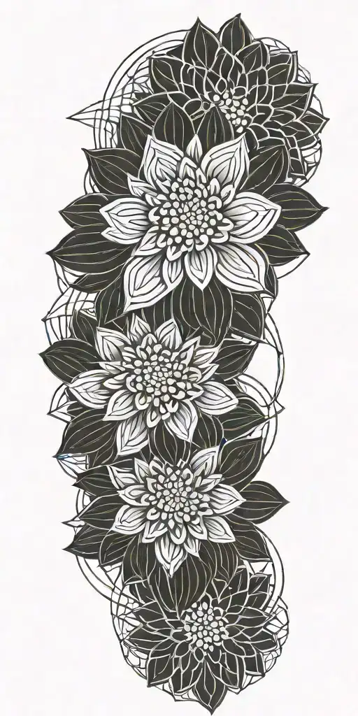 chrysanthemum with geometric background black (longer leaves) tattoo design idea