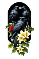 two ravens with lily of the valley, roses, holly, larkspur, and daffodil tattoo design idea