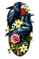 two ravens with lily of the valley, roses, holly, larkspur, and daffodil tattoo design idea