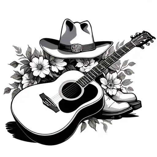 acoustic guitar, flowers, cowboy boots and hat tattoo design idea