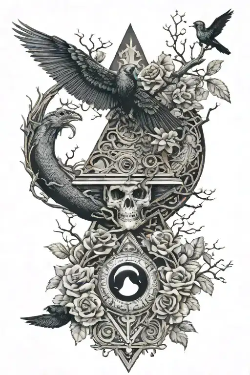tree snake pyramid crow waterfalls eyeball wheelchair sun moon whale dragon emersing yinyang skull roses tattoo design idea
