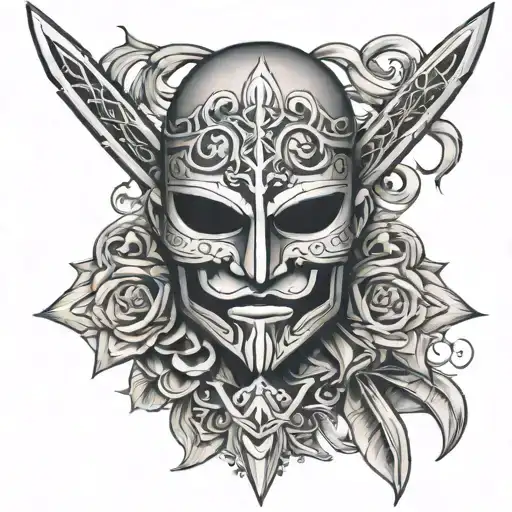 3 swords poking through a mask adorned tattoo design idea