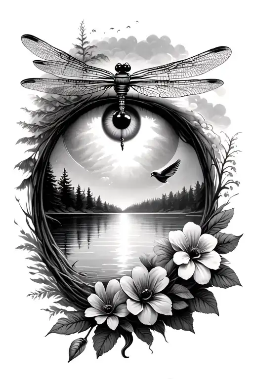 dragonfly flying, flowers wrapped, trees sunset over lake, dove flying, feather falling, eyeball with chess piece  tattoo design idea