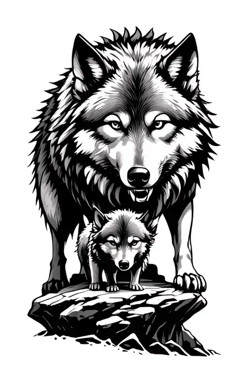 Wolf and little brother on a rocks forming the shape tattoo design idea