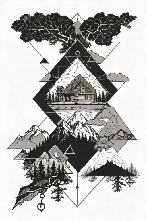 mountain landscape and small part of cabin inside with geometrical shapes and shapes inside tall romb on sleeve tattoo design idea