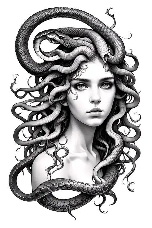 A black and white medusa tattoo in the realism style with snake hair where she is looking straight ahead at the viewer tattoo design idea