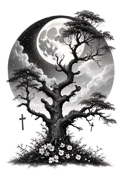 A mystical scene of a moonlit forest with hidden religious motives subtly incorporated in the trees and flowers, inspired by Lord Of The Lost's dark aesthetic tattoo design idea