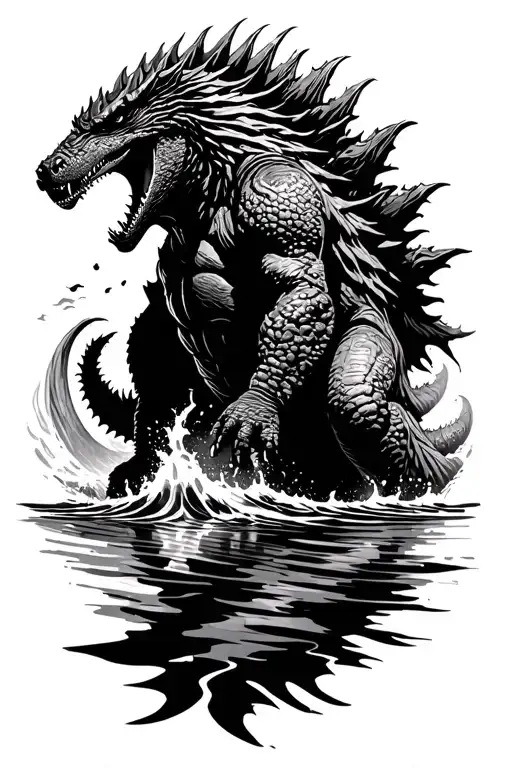 Godzilla emerging from the water, only top half showing and tail tip coming out as well Japanese tapestry style tattoo tattoo design idea