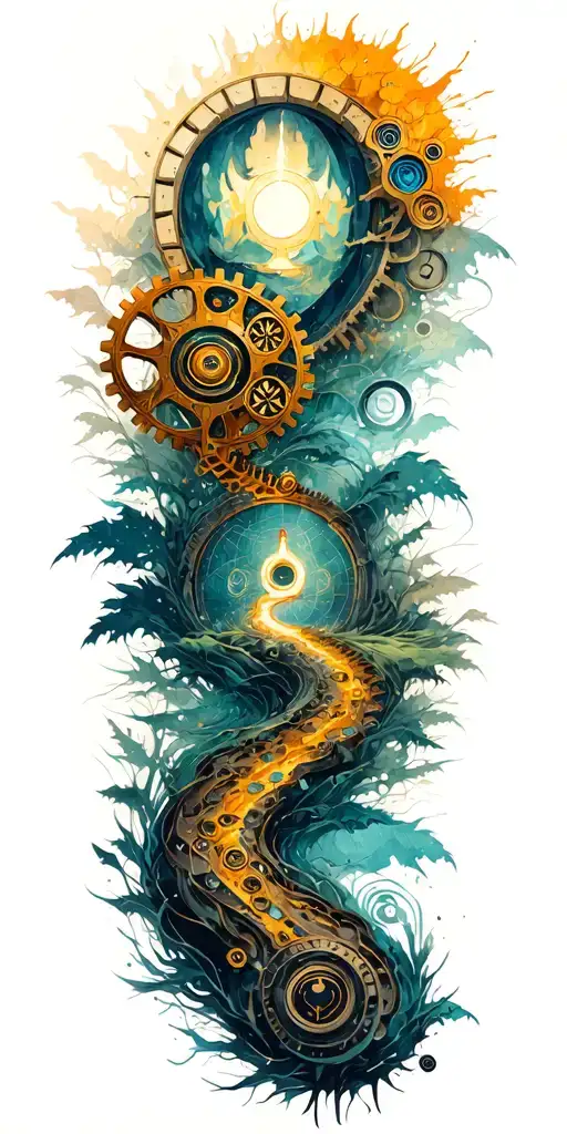 path of enlightenment with Buddhist symbols of nature and steampunk mechanical gears tattoo design idea
