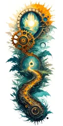 path of enlightenment with Buddhist symbols of nature and steampunk mechanical gears tattoo design idea