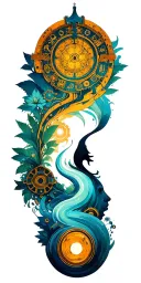 path of enlightenment with Buddhist symbols of nature and steampunk mechanical gears tattoo design idea