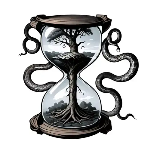 hour glass with trees inside. snakes wrapped around posts. life and death tattoo design idea