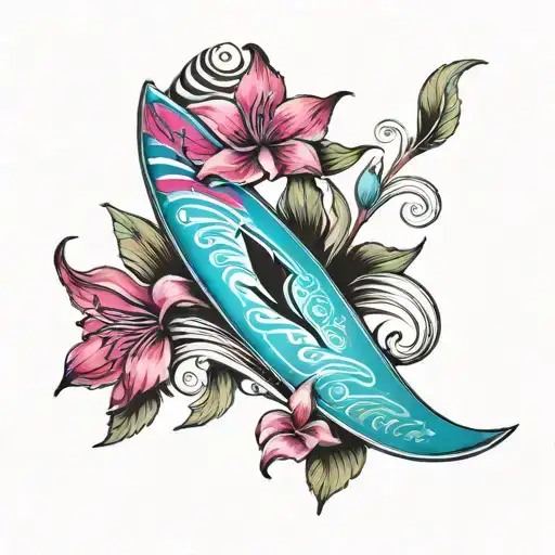 Turquoise blue surfboard turning fuchsia pink tattoo design idea