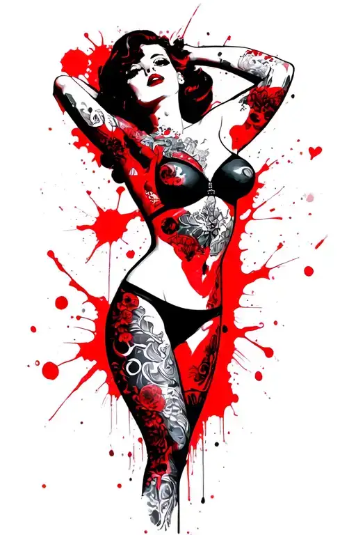 Pin up girl side profile with her head turned looking at me with no top on wearing a thong tattoo design idea