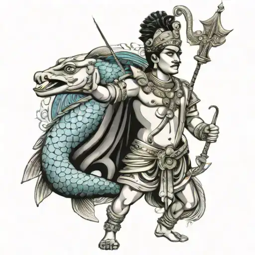 lord arjuna pointing an arrow at a fish tattoo design idea